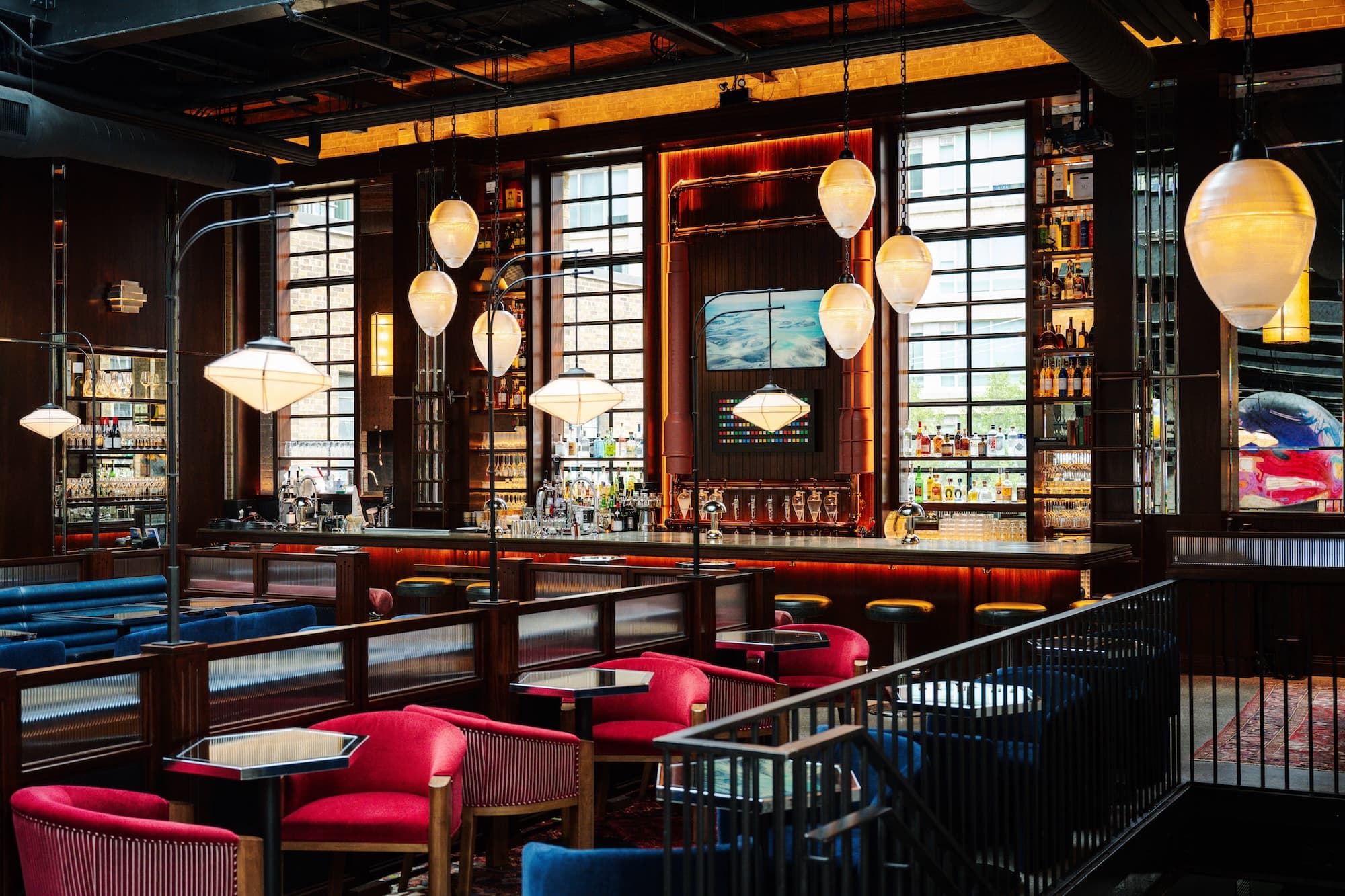 Art Deco styled Civil Works Bar showing back bar and communal table.