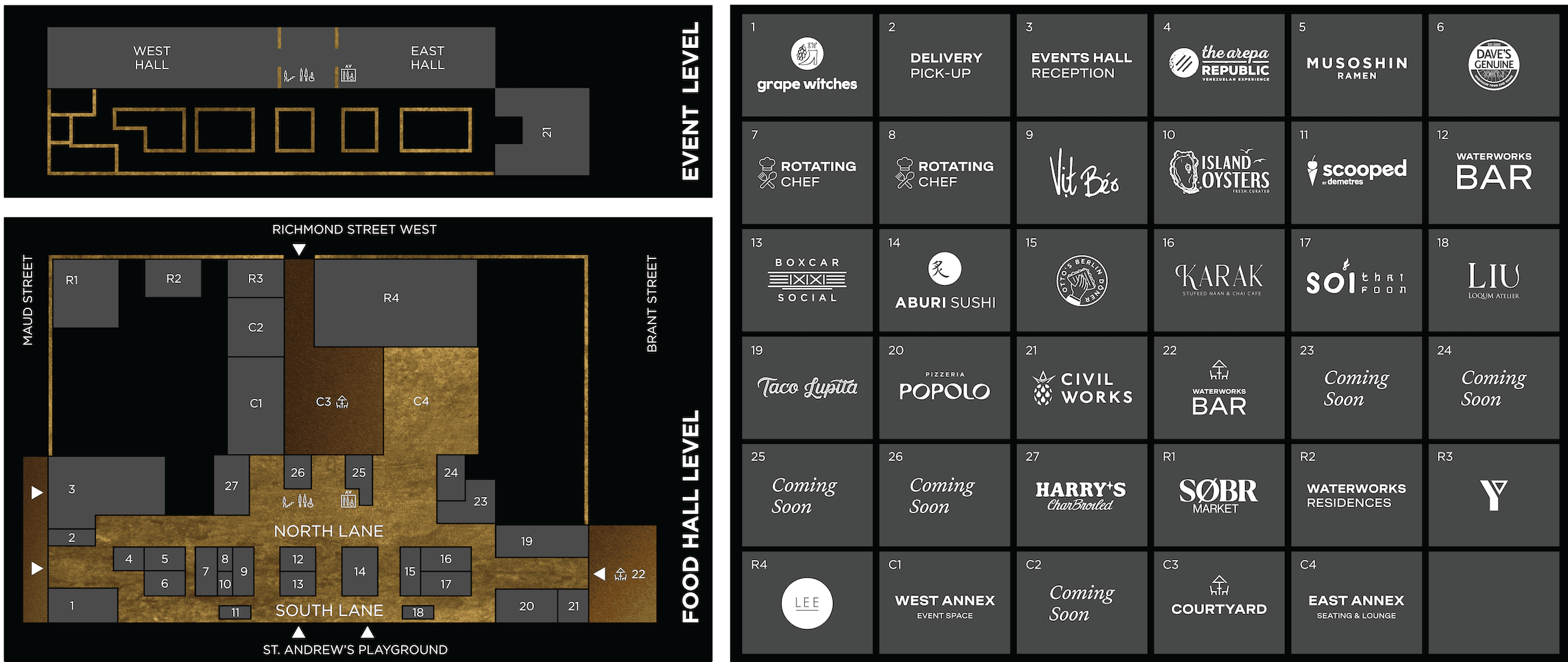 Map of the food hall showing location of food kiosks on the left and names of vendors on the right.