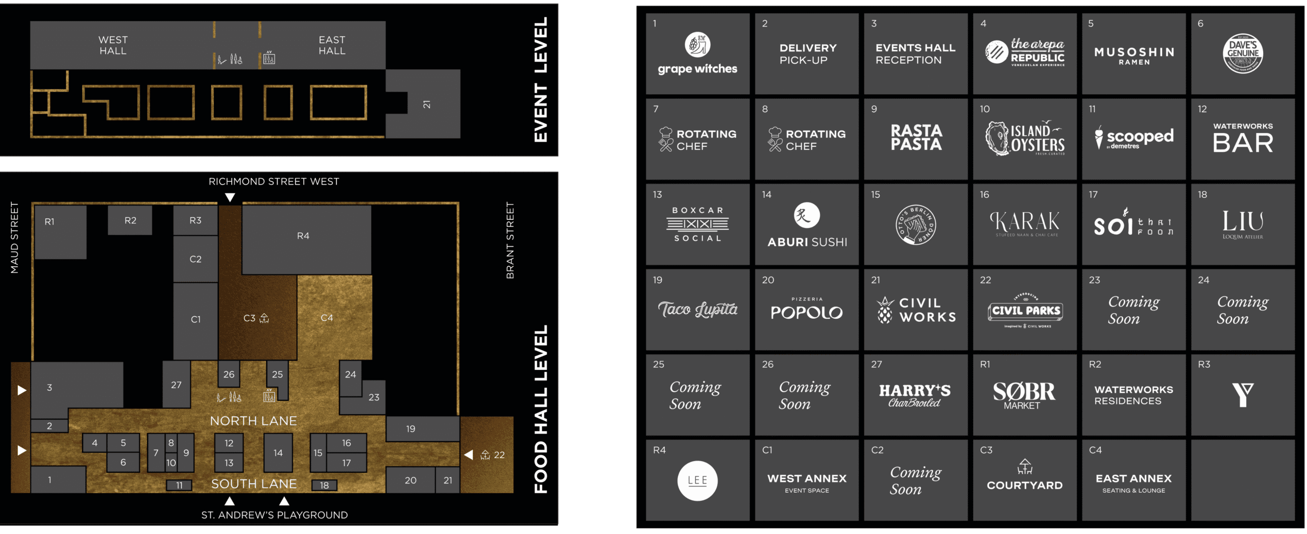 Map of the food hall showing location of food kiosks on the left and names of vendors on the right.